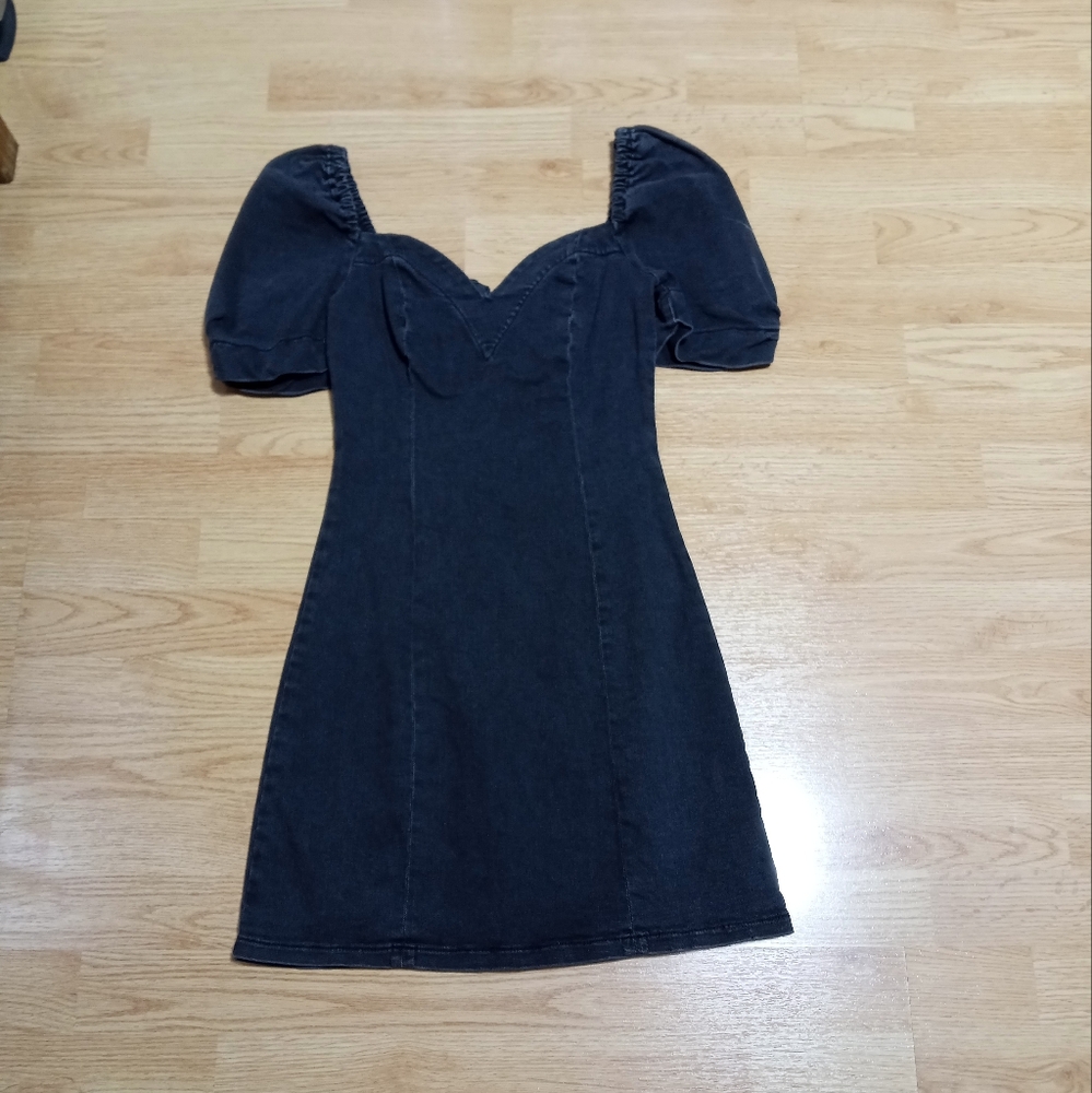 Urban Outfitters Black Sheath Denim Mini Dress with Puff Sleeves